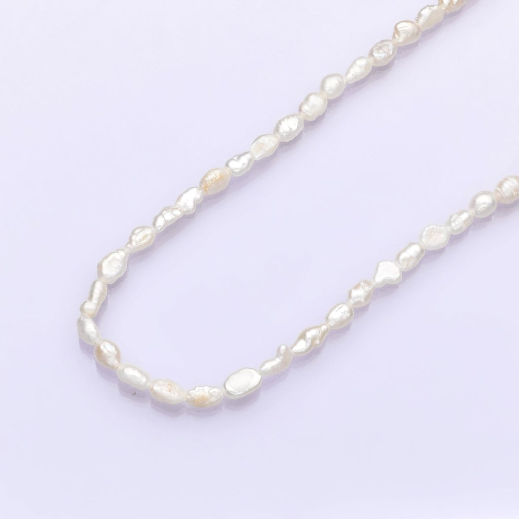 16K Gold plated 4mm White Biwa Baroque Freshwater Pearl 16 Inch Necklace w. Extender | WA - 2631 