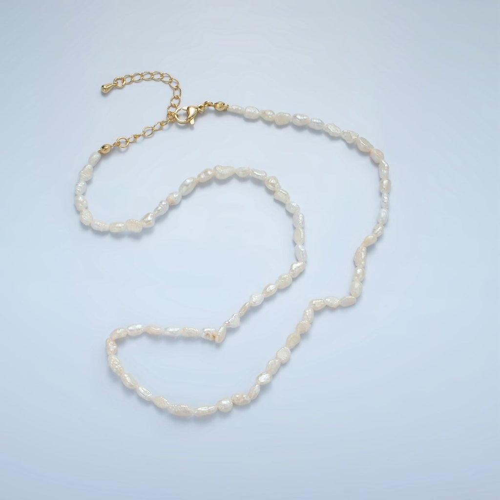 16K Gold plated 4mm White Biwa Baroque Freshwater Pearl 16 Inch Necklace w. Extender | WA-2631