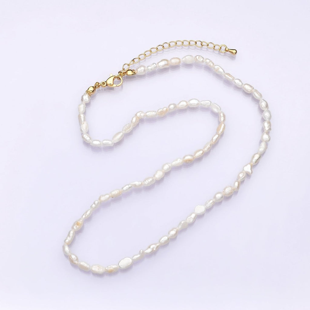 16K Gold plated 4mm White Biwa Baroque Freshwater Pearl 16 Inch Necklace w. Extender | WA - 2631 