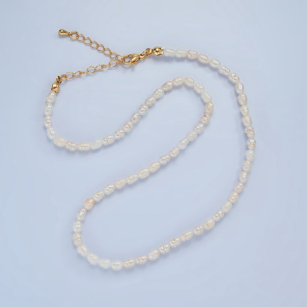 16K Gold plated 4mm White Ringed Baroque Freshwater Pearl 14.5 Inch Necklace w. Extender | WA - 2633 - DLUXCA