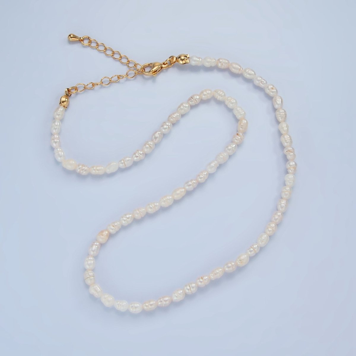 16K Gold plated 4mm White Ringed Baroque Freshwater Pearl 14.5 Inch Necklace w. Extender | WA - 2633 - DLUXCA