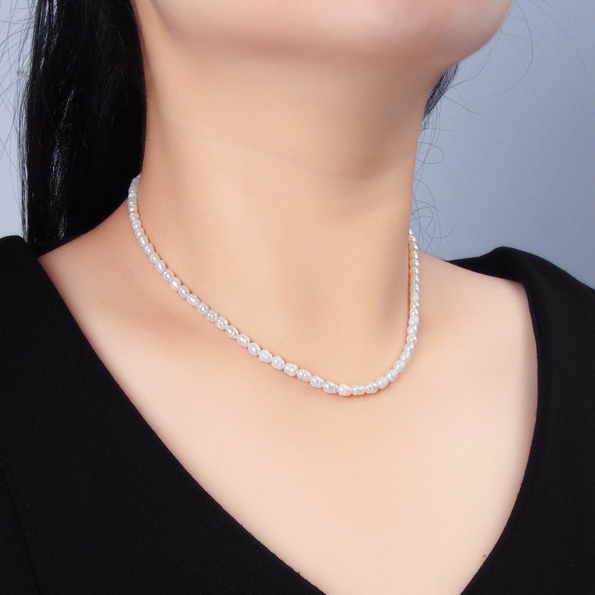 16K Gold plated 4mm White Ringed Baroque Freshwater Pearl 14.5 Inch Necklace w. Extender | WA - 2633 - DLUXCA