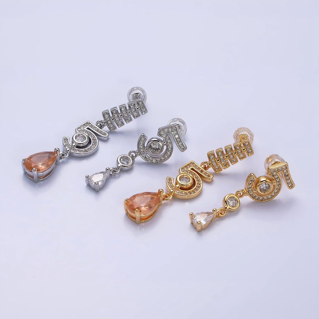 16K Gold plated "5" Number Micro Paved CZ Peach & Clear Teardrop Stud Earrings in Gold & Silver | AD1064 AD1065