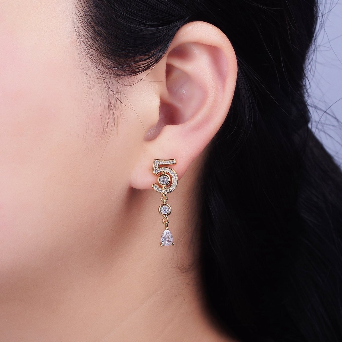 16K Gold plated "5" Number Micro Paved CZ Peach & Clear Teardrop Stud Earrings in Gold & Silver | AD1064 AD1065