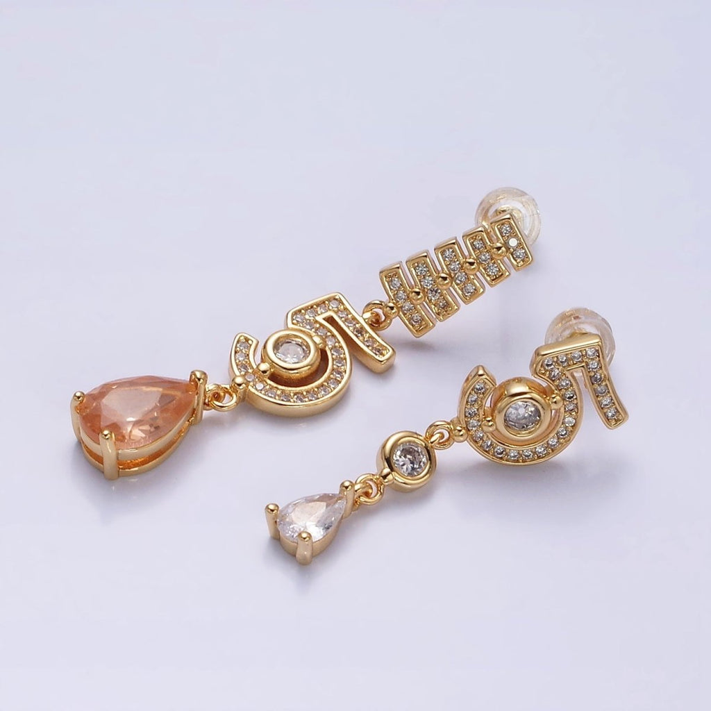 16K Gold plated "5" Number Micro Paved CZ Peach & Clear Teardrop Stud Earrings in Gold & Silver | AD1064 AD1065