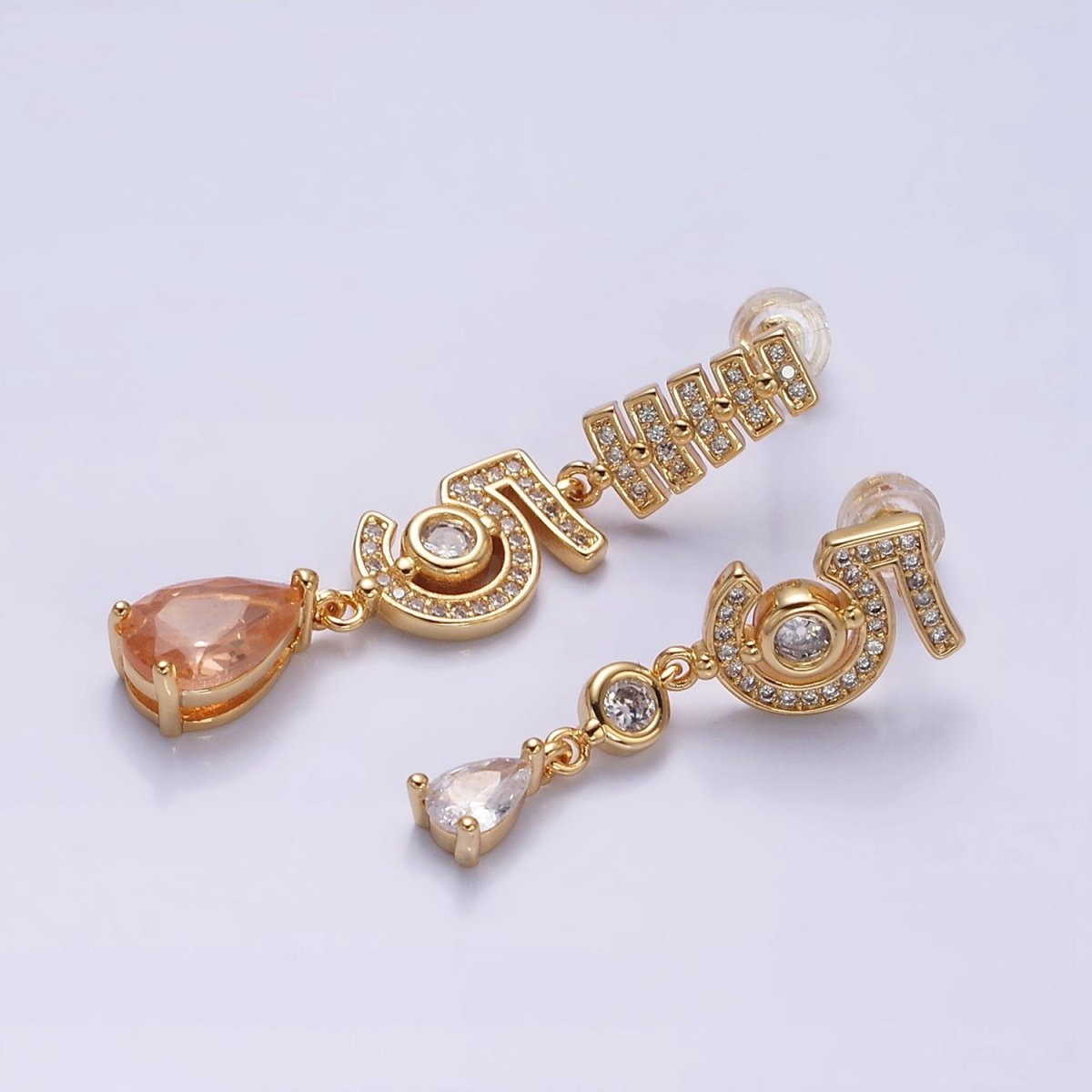 16K Gold plated "5" Number Micro Paved CZ Peach & Clear Teardrop Stud Earrings in Gold & Silver | AD1064 AD1065