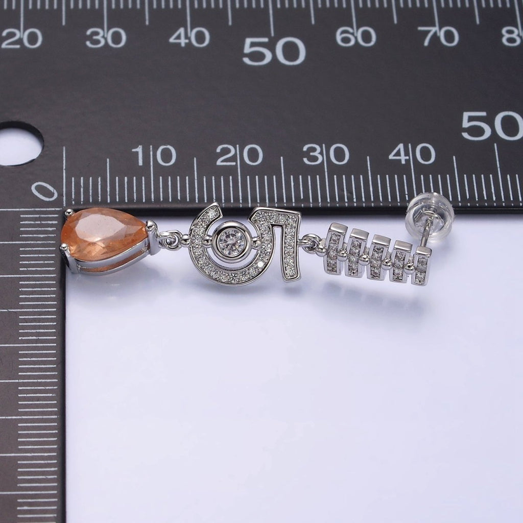 16K Gold plated "5" Number Micro Paved CZ Peach & Clear Teardrop Stud Earrings in Gold & Silver | AD1064 AD1065