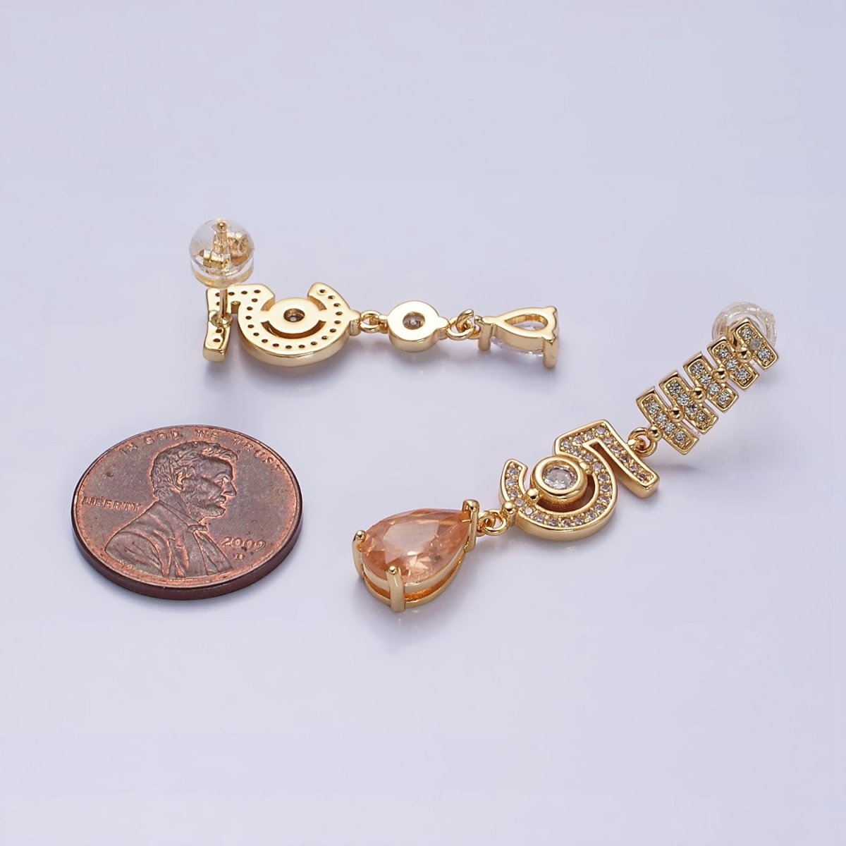 16K Gold plated "5" Number Micro Paved CZ Peach & Clear Teardrop Stud Earrings in Gold & Silver | AD1064 AD1065