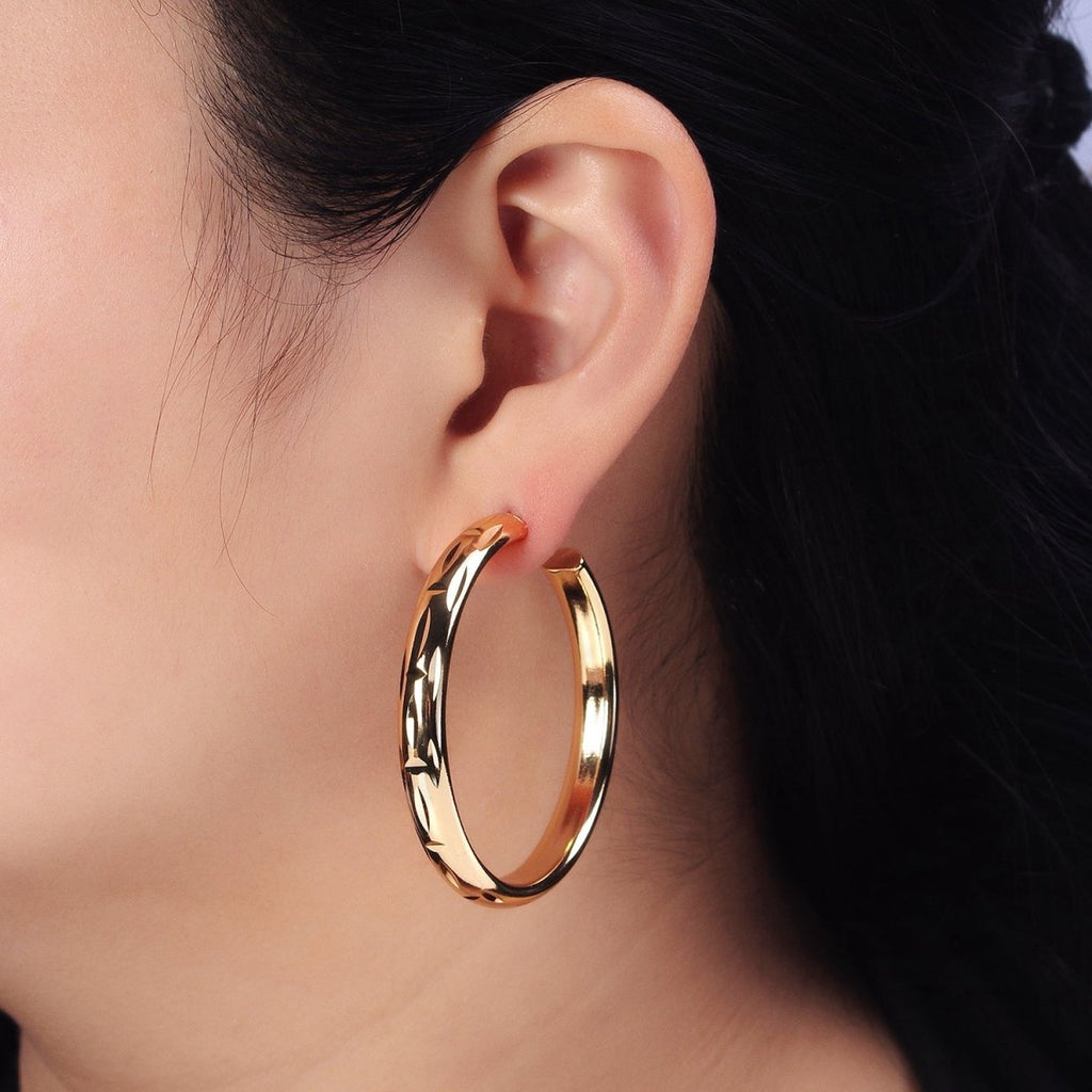 16K Gold plated 50mm Dented Edge Line Rounded Hoop Earrings in Gold & Silver | AE545 AE546 - DLUXCA