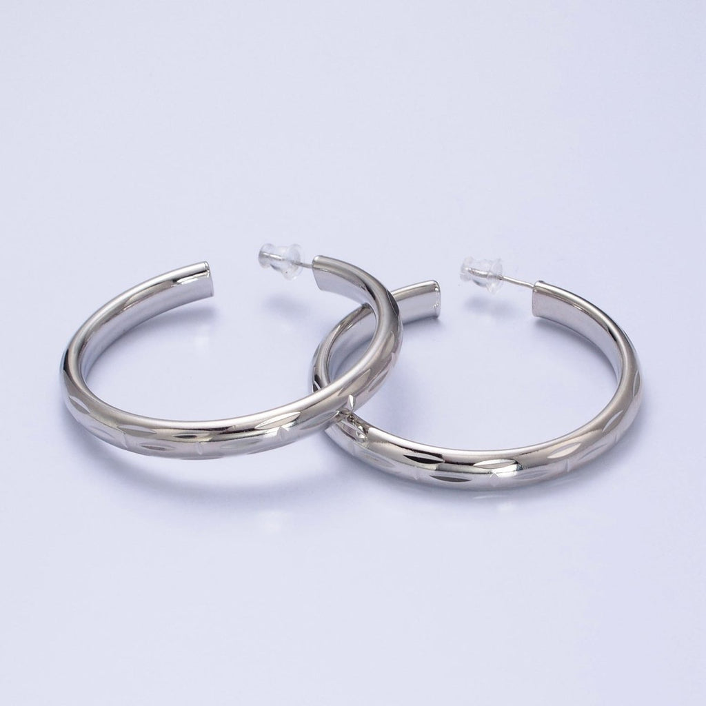 16K Gold plated 50mm Dented Edge Line Rounded Hoop Earrings in Gold & Silver | AE545 AE546 - DLUXCA