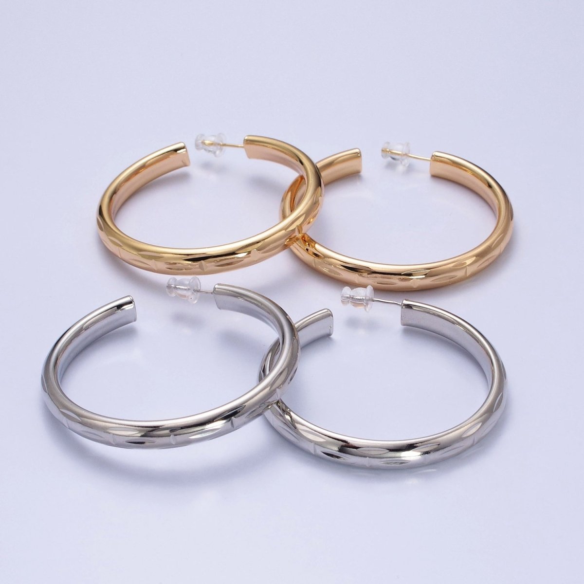 16K Gold plated 50mm Dented Edge Line Rounded Hoop Earrings in Gold & Silver | AE545 AE546 - DLUXCA