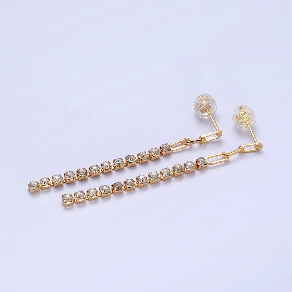 16K Gold plated 52.5mm Triple Paperclip Link Clear Tennis CZ Chain Linear Drop Stud Earrings | AB386 - DLUXCA