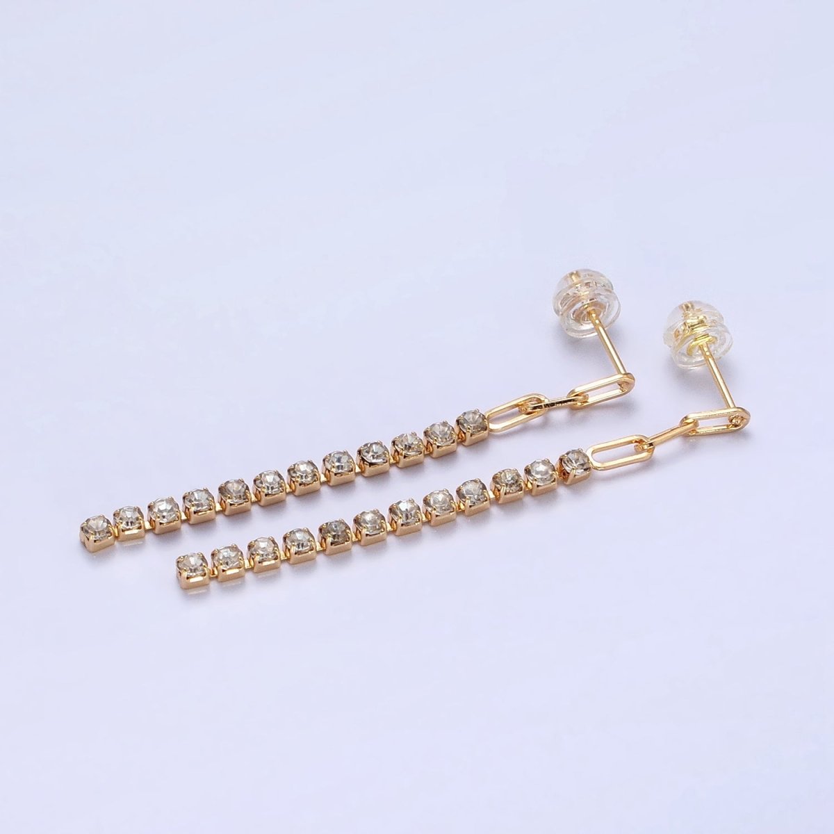 16K Gold plated 52.5mm Triple Paperclip Link Clear Tennis CZ Chain Linear Drop Stud Earrings | AB386 - DLUXCA