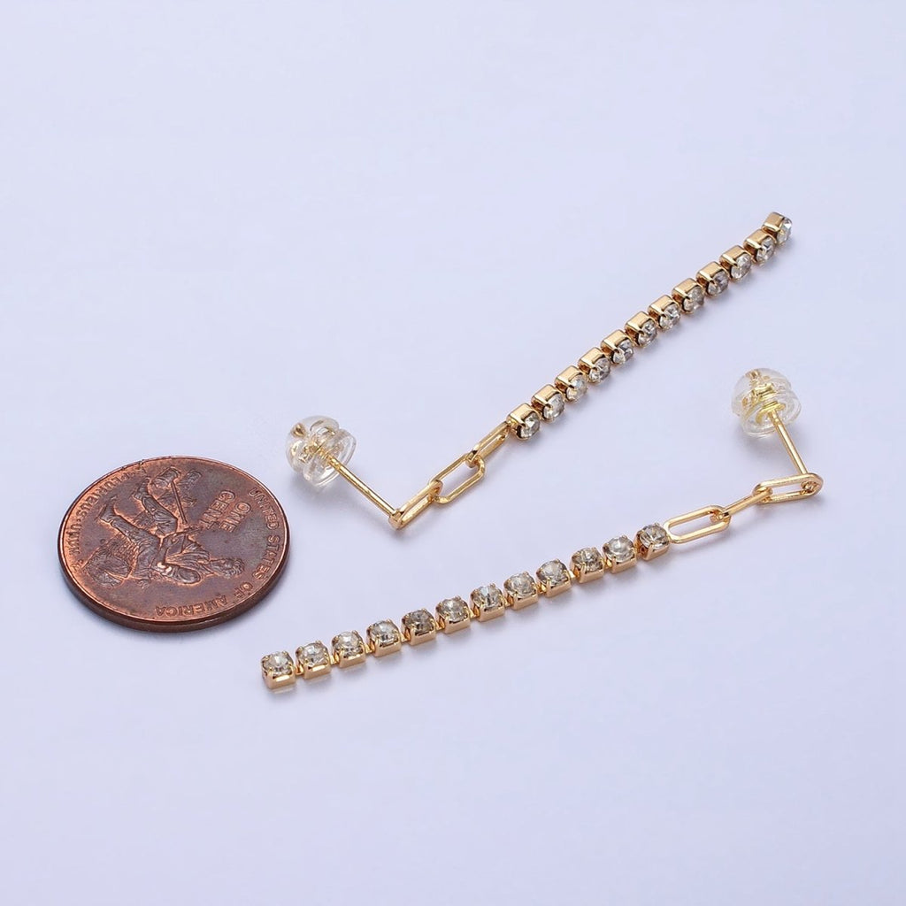 16K Gold plated 52.5mm Triple Paperclip Link Clear Tennis CZ Chain Linear Drop Stud Earrings | AB386 - DLUXCA