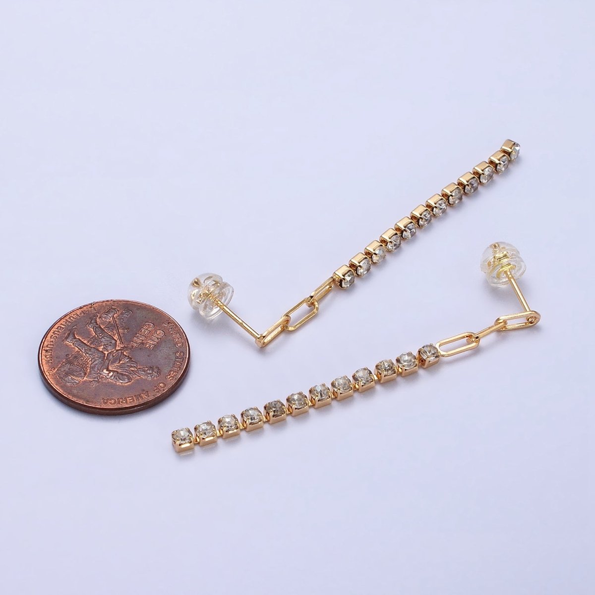 16K Gold plated 52.5mm Triple Paperclip Link Clear Tennis CZ Chain Linear Drop Stud Earrings | AB386 - DLUXCA