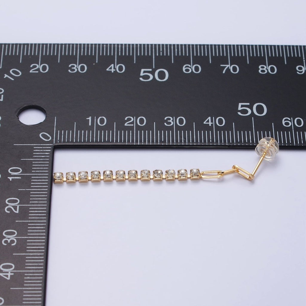 16K Gold plated 52.5mm Triple Paperclip Link Clear Tennis CZ Chain Linear Drop Stud Earrings | AB386 - DLUXCA