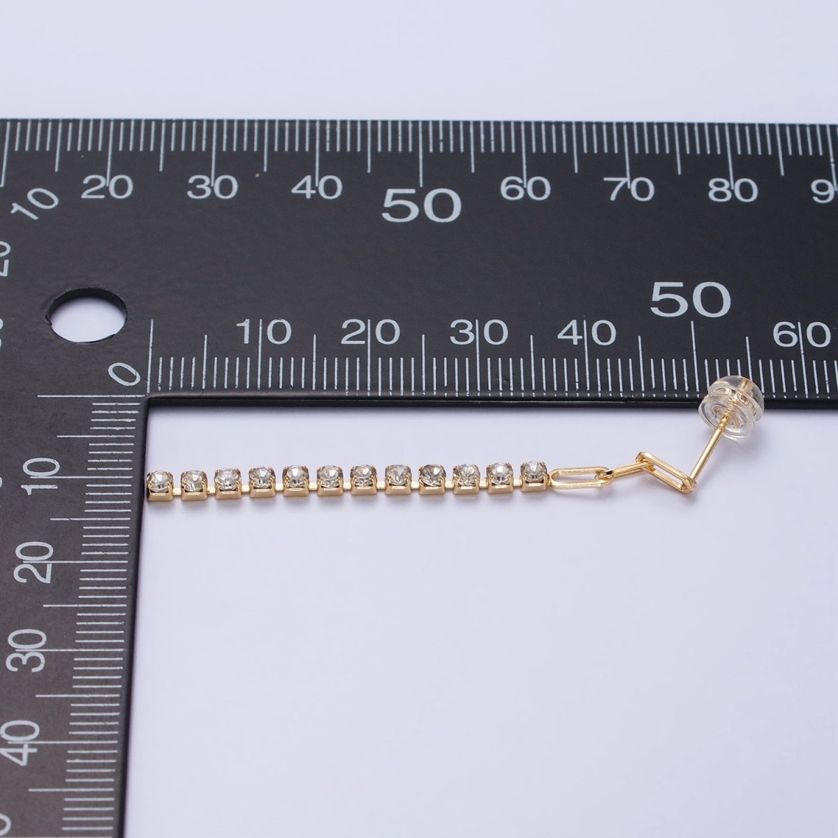 16K Gold plated 52.5mm Triple Paperclip Link Clear Tennis CZ Chain Linear Drop Stud Earrings | AB386 - DLUXCA