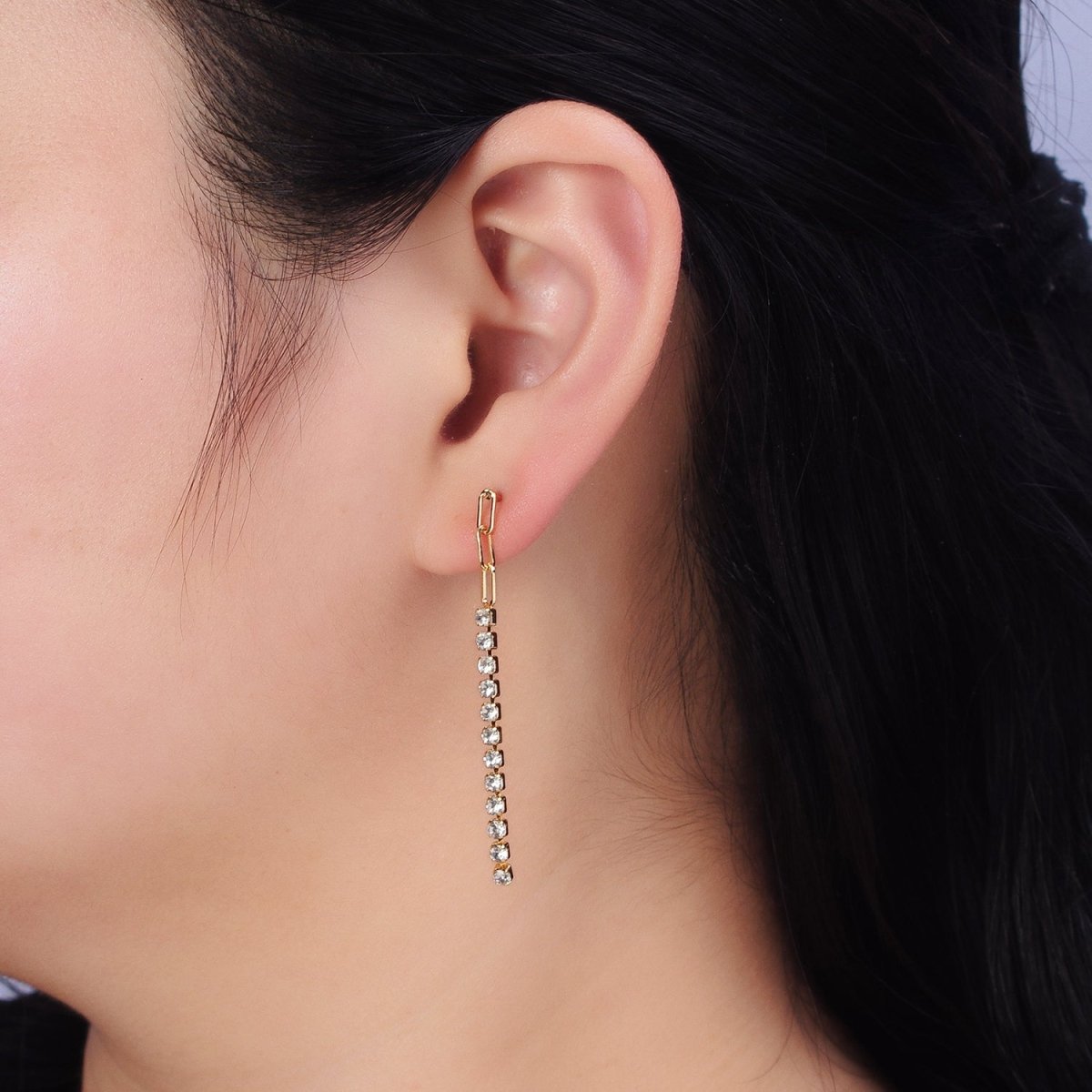 16K Gold plated 52.5mm Triple Paperclip Link Clear Tennis CZ Chain Linear Drop Stud Earrings | AB386 - DLUXCA