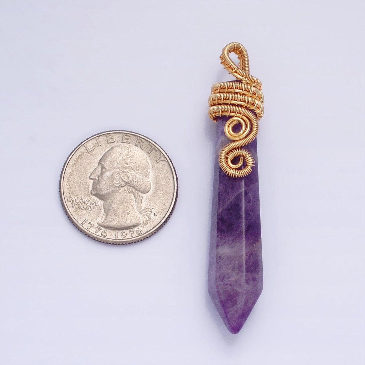 16K Gold plated 60mm Circular Wired Amethyst Natural Gemstone Pointed Wand Pendant | AA531 - DLUXCA