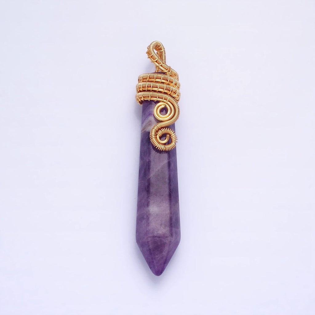 16K Gold plated 60mm Circular Wired Amethyst Natural Gemstone Pointed Wand Pendant | AA531 - DLUXCA