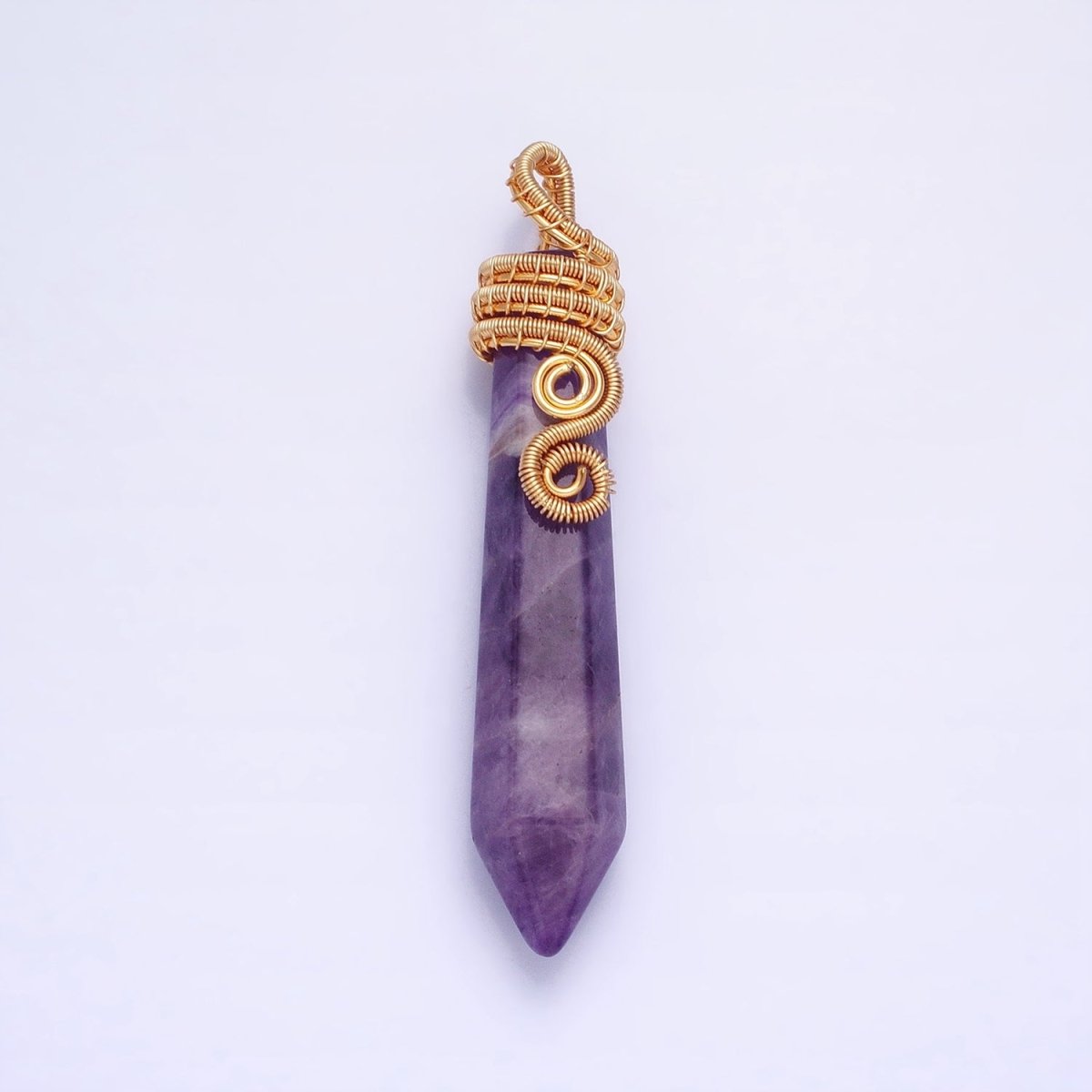 16K Gold plated 60mm Circular Wired Amethyst Natural Gemstone Pointed Wand Pendant | AA531 - DLUXCA