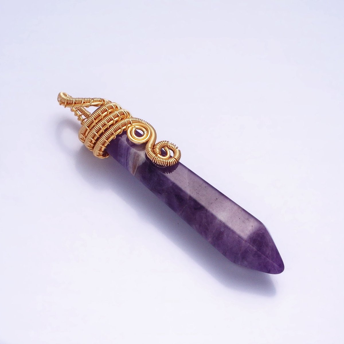 16K Gold plated 60mm Circular Wired Amethyst Natural Gemstone Pointed Wand Pendant | AA531 - DLUXCA