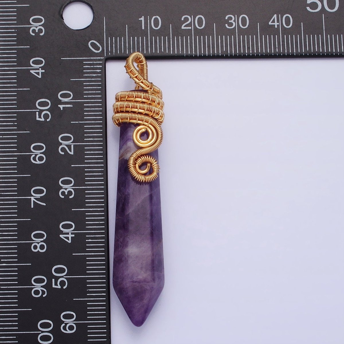 16K Gold plated 60mm Circular Wired Amethyst Natural Gemstone Pointed Wand Pendant | AA531 - DLUXCA