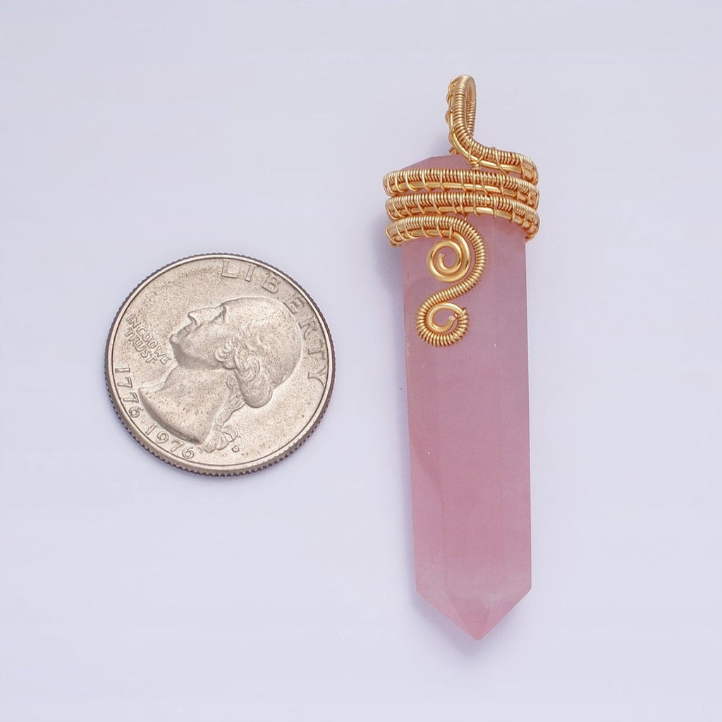 16K Gold plated 60mm Circular Wired Rose Quartz Natural Gemstone Pointed Wand Pendant | AA225 - DLUXCA