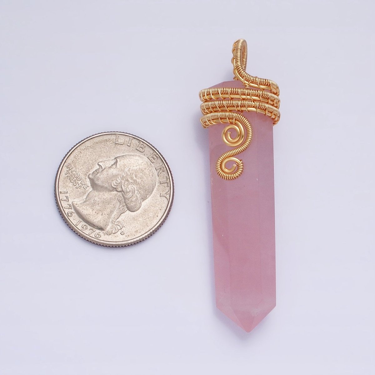 16K Gold plated 60mm Circular Wired Rose Quartz Natural Gemstone Pointed Wand Pendant | AA225 - DLUXCA