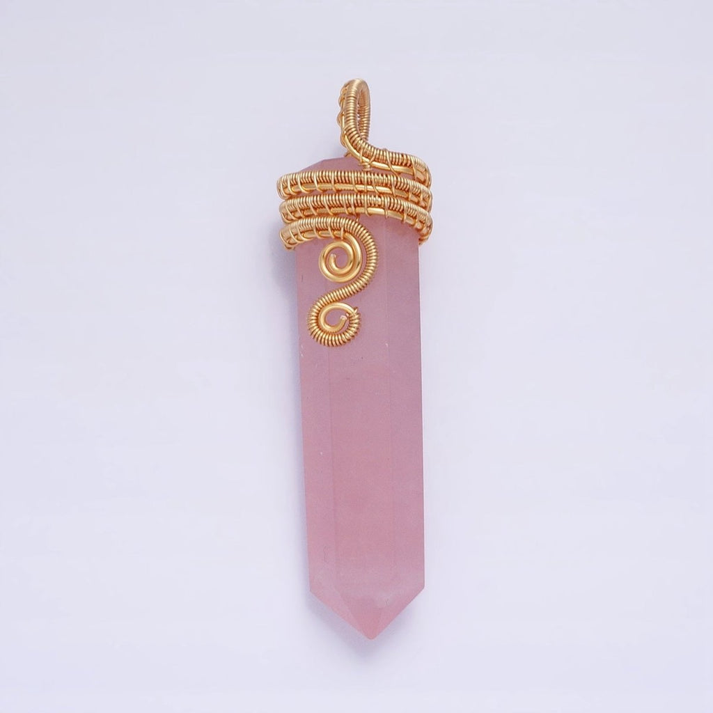 16K Gold plated 60mm Circular Wired Rose Quartz Natural Gemstone Pointed Wand Pendant | AA225 - DLUXCA