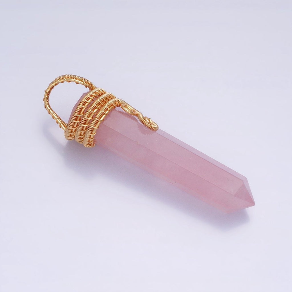 16K Gold plated 60mm Circular Wired Rose Quartz Natural Gemstone Pointed Wand Pendant | AA225 - DLUXCA