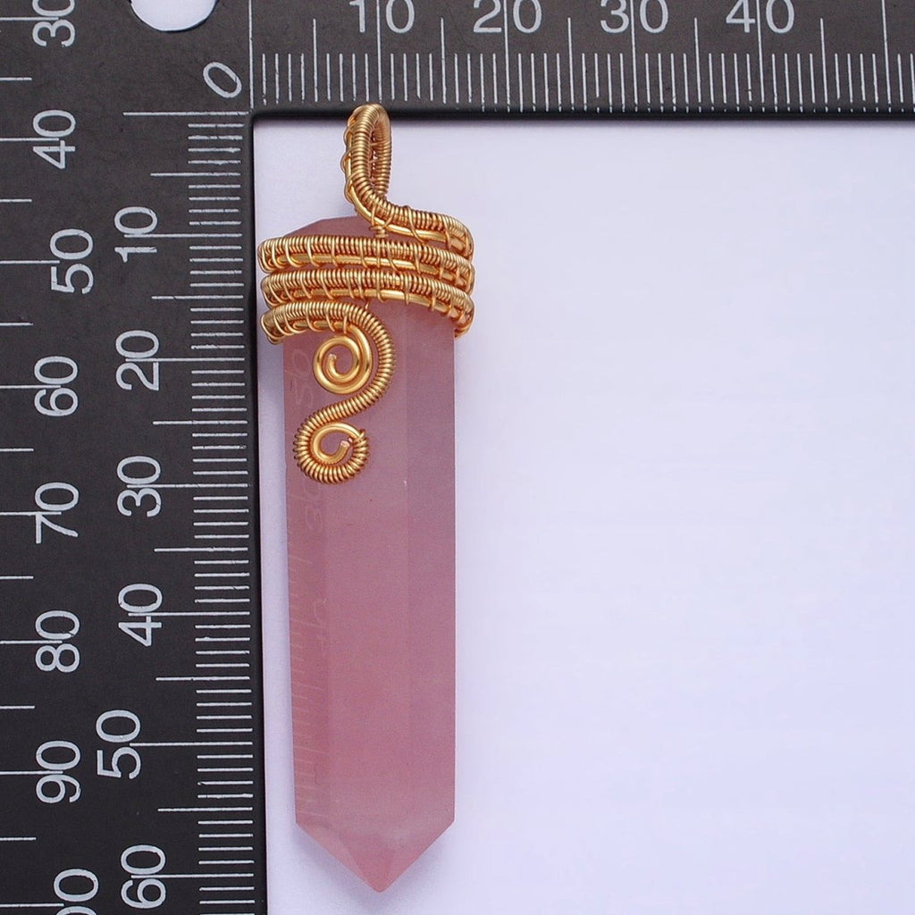 16K Gold plated 60mm Circular Wired Rose Quartz Natural Gemstone Pointed Wand Pendant | AA225 - DLUXCA