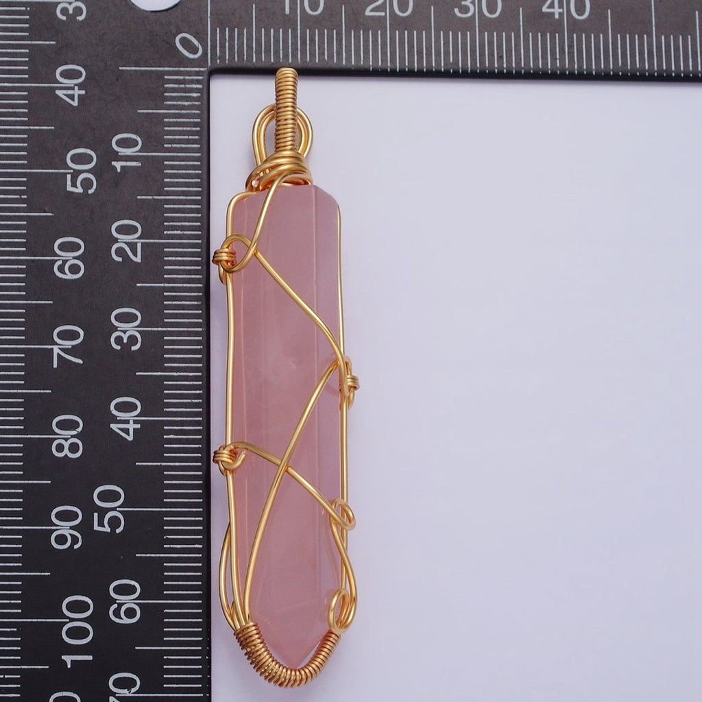 16K Gold plated 66.5mm Wired Rose Quartz Natural Gemstone Pointed Wand Pendant | AA224 - DLUXCA