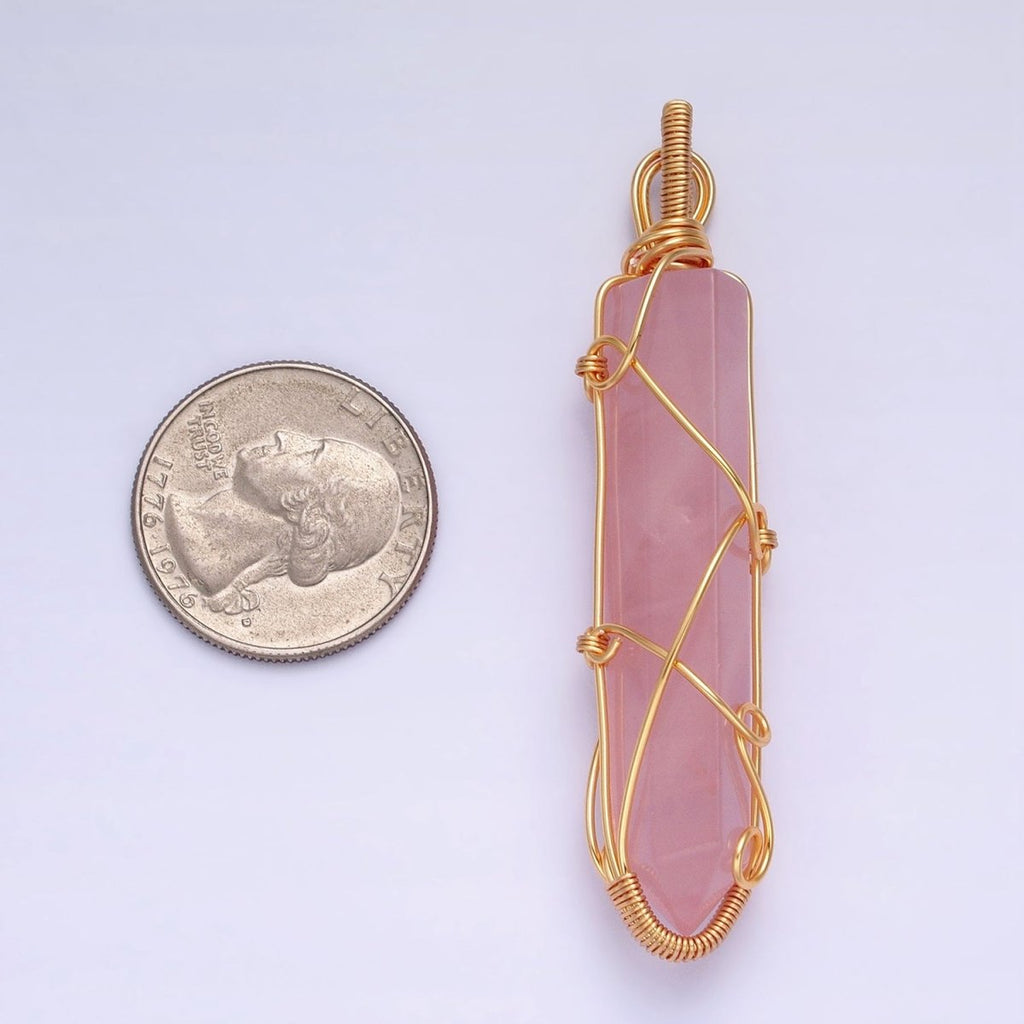 16K Gold plated 66.5mm Wired Rose Quartz Natural Gemstone Pointed Wand Pendant | AA224 - DLUXCA