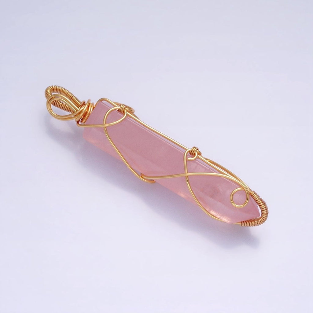 16K Gold plated 66.5mm Wired Rose Quartz Natural Gemstone Pointed Wand Pendant | AA224 - DLUXCA