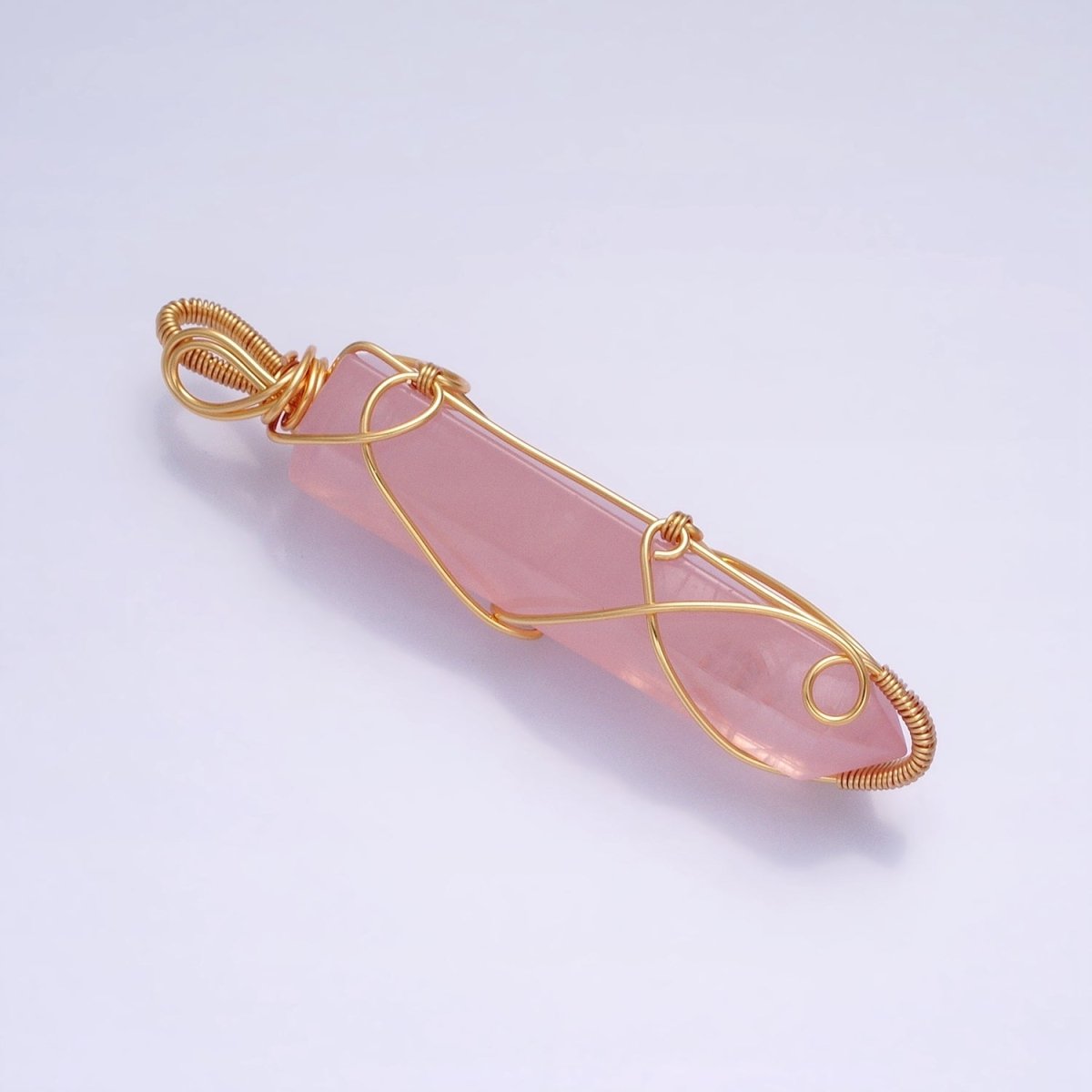 16K Gold plated 66.5mm Wired Rose Quartz Natural Gemstone Pointed Wand Pendant | AA224 - DLUXCA