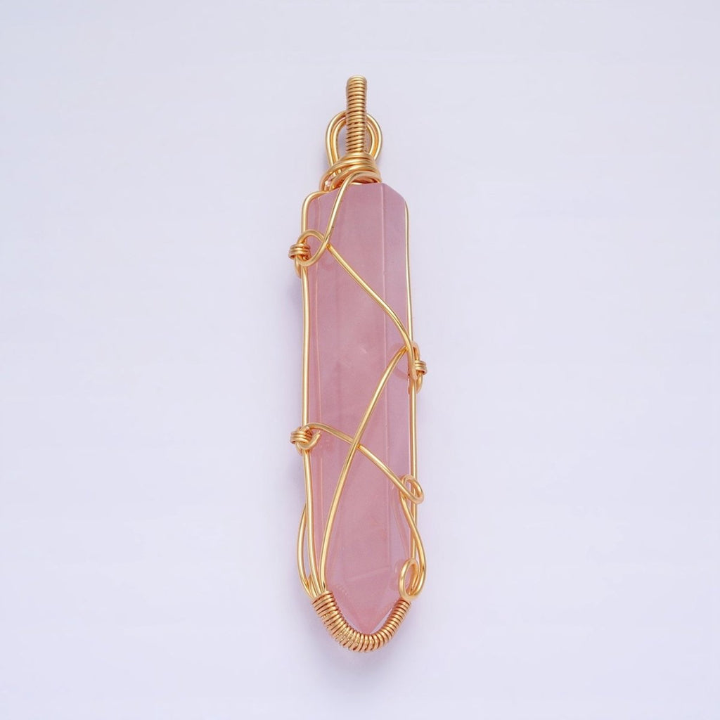 16K Gold plated 66.5mm Wired Rose Quartz Natural Gemstone Pointed Wand Pendant | AA224 - DLUXCA