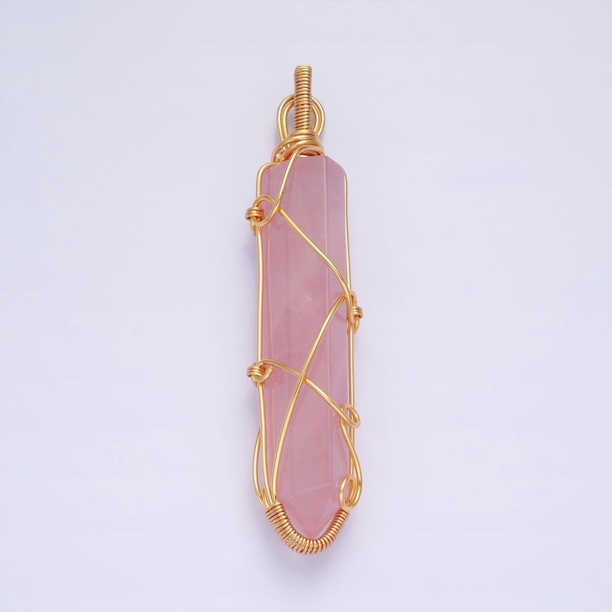 16K Gold plated 66.5mm Wired Rose Quartz Natural Gemstone Pointed Wand Pendant | AA224 - DLUXCA