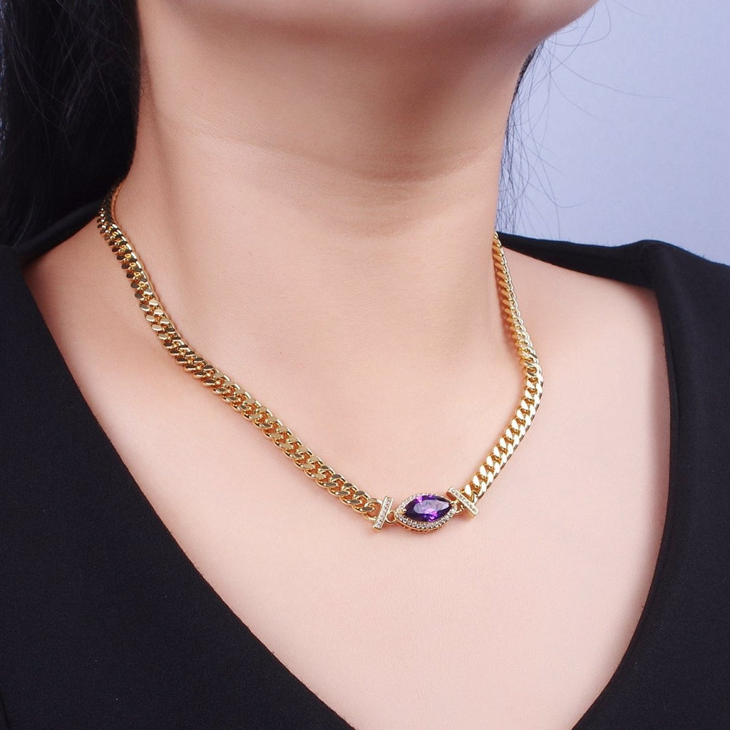 16K Gold plated 6mm Marquise Micro Paved CZ Solitaire Curb Chain 18 Inch Necklace | WA - 01212 - DLUXCA