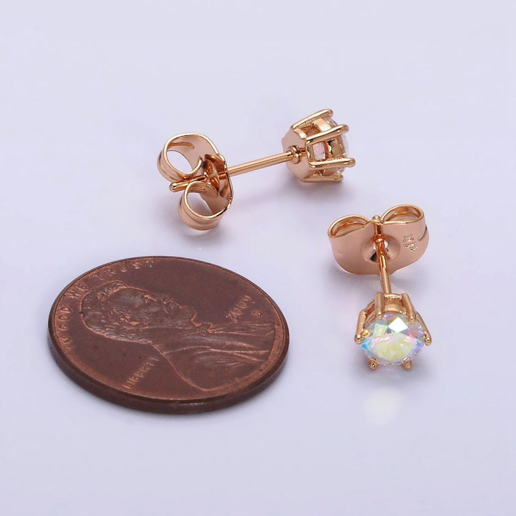 16K Gold plated 6mm Round Iridescent AB CZ Stud Earrings | AE816 - DLUXCA