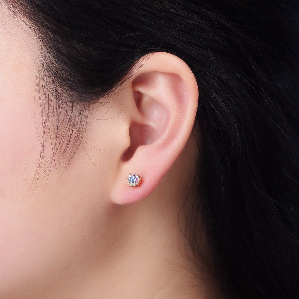 16K Gold plated 6mm Round Iridescent AB CZ Stud Earrings | AE816 - DLUXCA