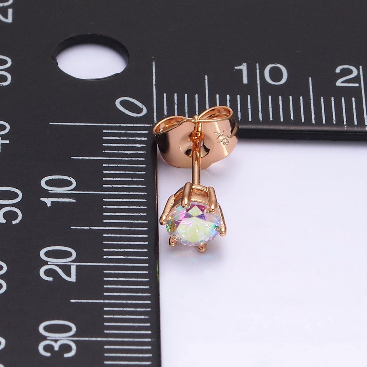 16K Gold plated 6mm Round Iridescent AB CZ Stud Earrings | AE816 - DLUXCA