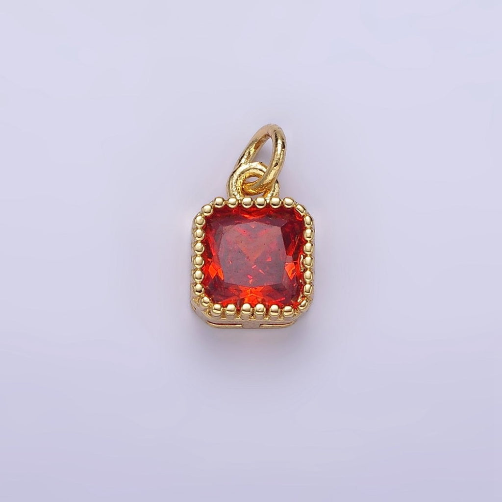 16K Gold plated 7.5mm Multifaceted Birthstone CZ Square Personalized Charm | N1047 - N1055