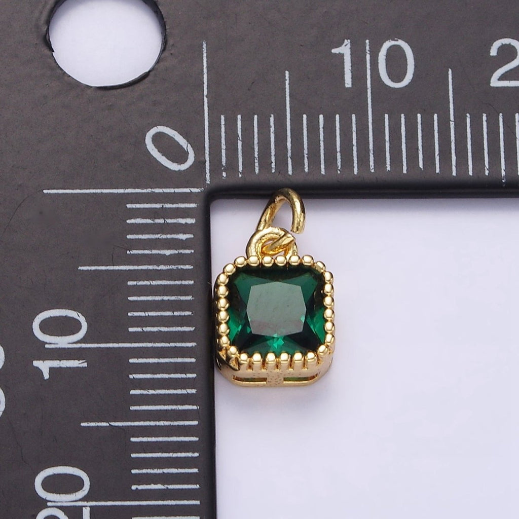 16K Gold plated 7.5mm Multifaceted Birthstone CZ Square Personalized Charm | N1047 - N1055