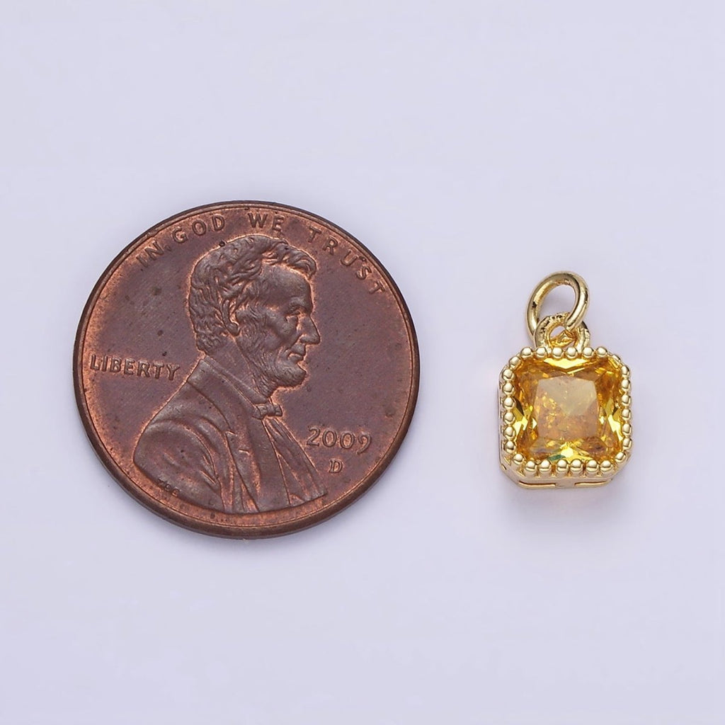 16K Gold plated 7.5mm Multifaceted Birthstone CZ Square Personalized Charm | N1047 - N1055