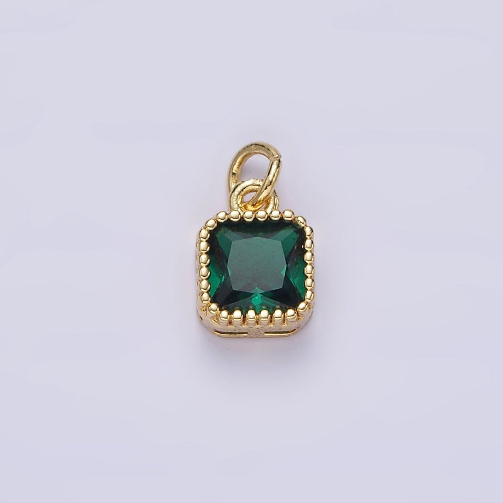 16K Gold plated 7.5mm Multifaceted Birthstone CZ Square Personalized Charm | N1047 - N1055