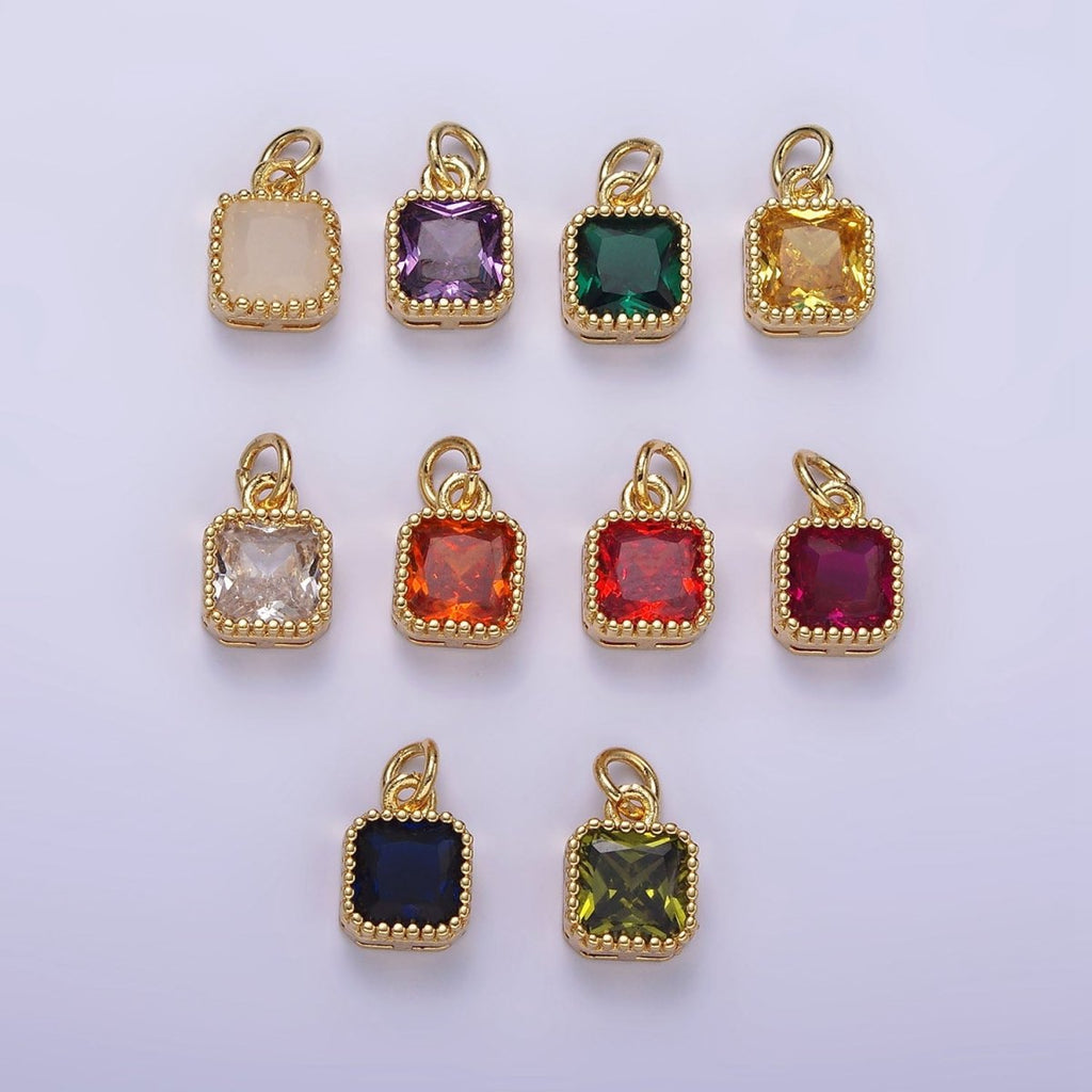 16K Gold plated 7.5mm Multifaceted Birthstone CZ Square Personalized Charm | N1047 - N1055