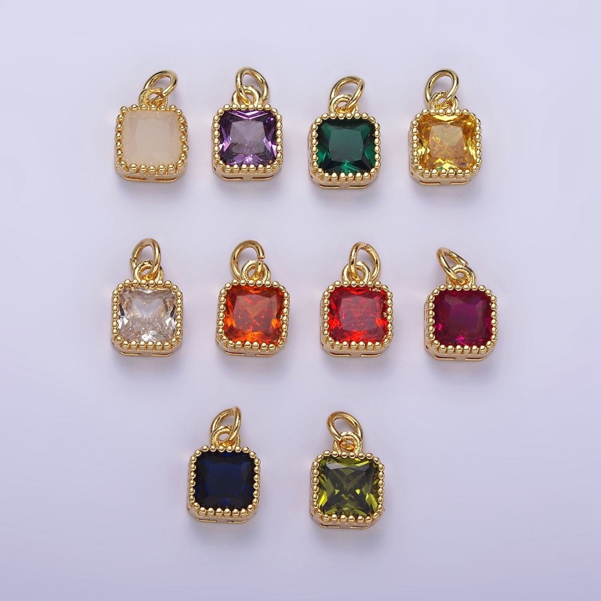 16K Gold plated 7.5mm Multifaceted Birthstone CZ Square Personalized Charm | N1047 - N1055
