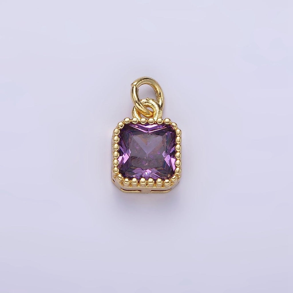 16K Gold plated 7.5mm Multifaceted Birthstone CZ Square Personalized Charm | N1047 - N1055