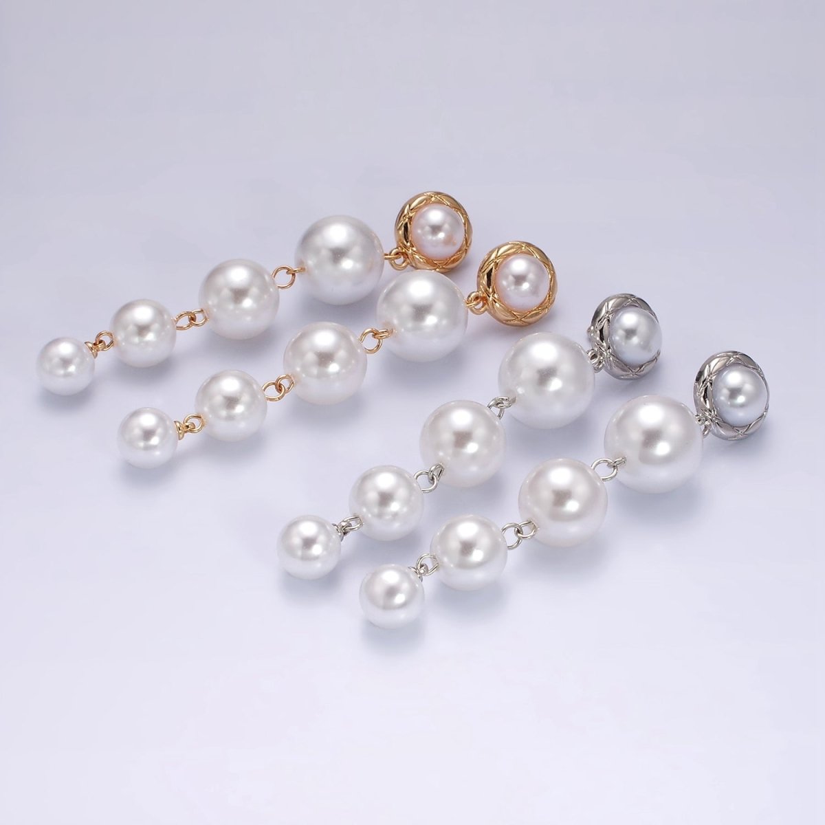 16K Gold plated 85mm Multiple Shell Pearl Quilted Bezel Drop Stud Earrings in Gold & Silver | AE347 AE348
